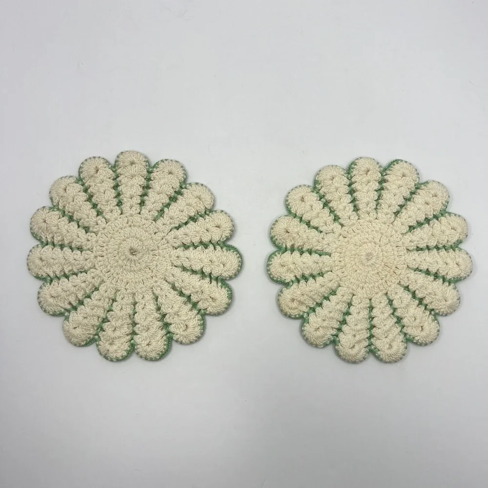 Handmade Crochet Daisy Coasters Set of 2 Vintage Floral Retro Boho Grandma Green